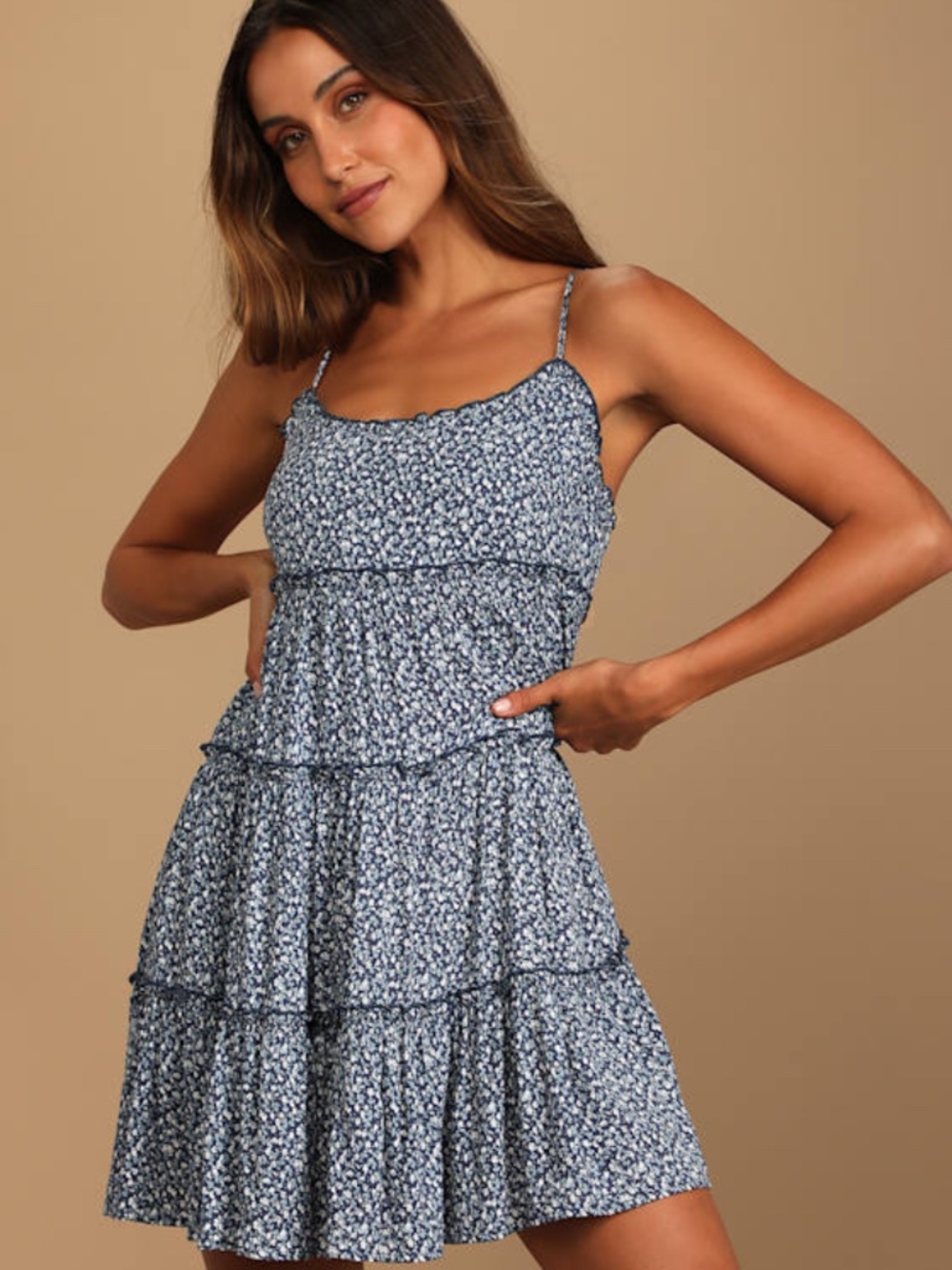 Lulus Sitting In The Sun Navy Blue Floral Print Ruffled Babydoll Dress - Size S